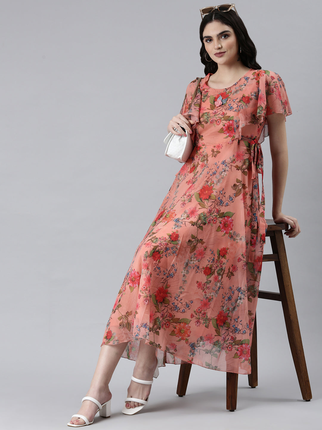 Women Orange Floral Fit and Flare Dress