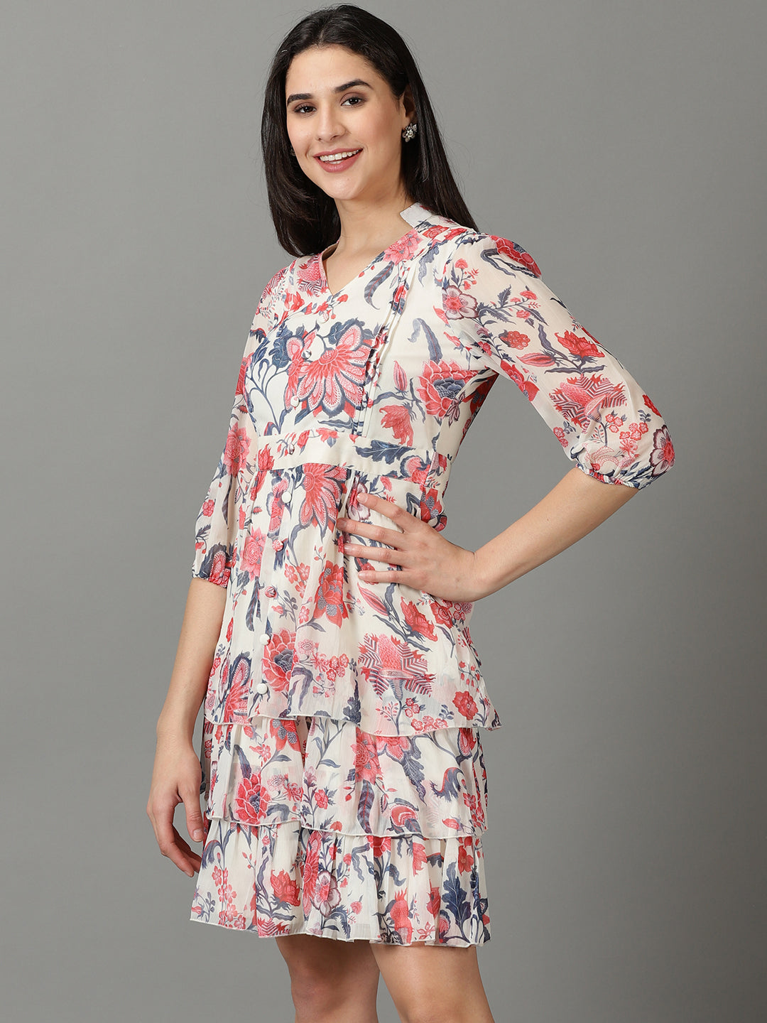 Women's Off White Printed Fit and Flare Dress