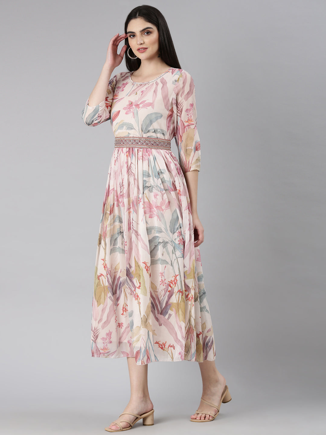 Women Cream Tropical Fit and Flare Dress