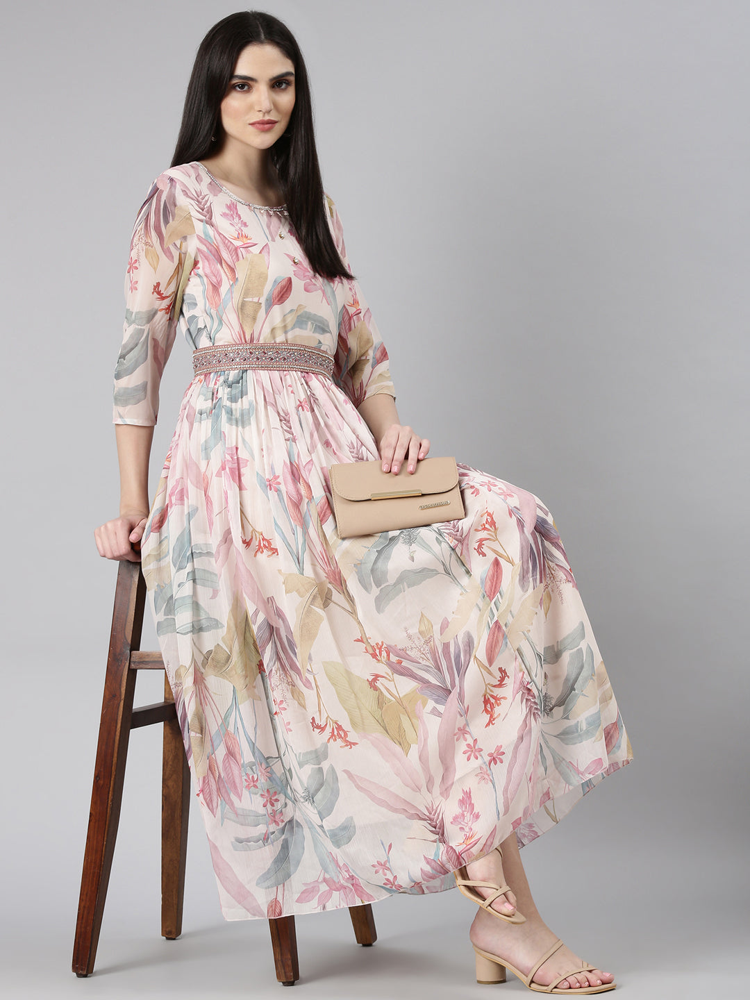 Women Cream Tropical Fit and Flare Dress