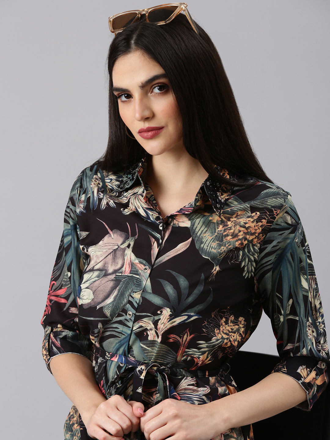 Women Black Floral Shirt Dress