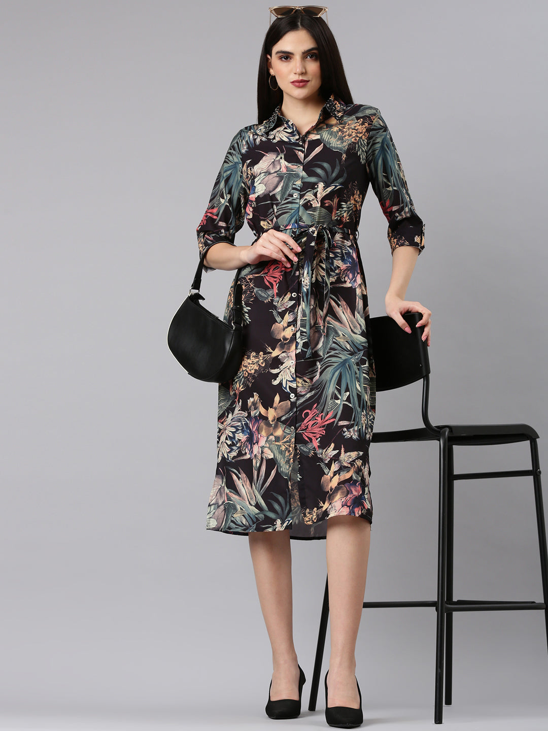 Women Black Floral Shirt Dress