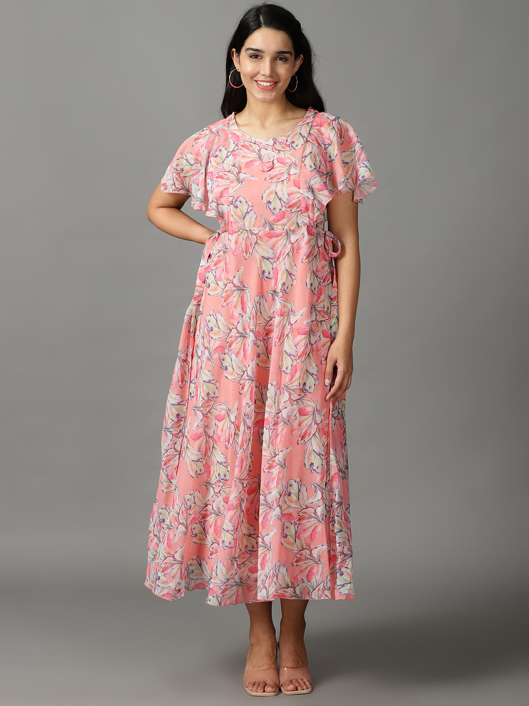 Women's Peach Printed Empire Dress