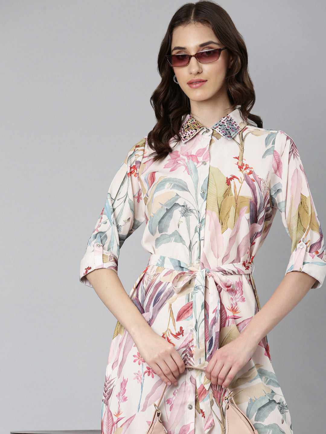 Women Cream Tropical Shirt Dress