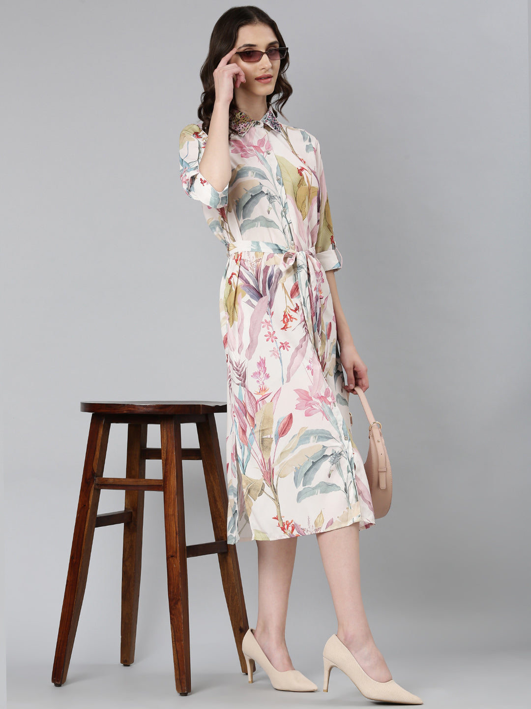 Women Cream Tropical Shirt Dress