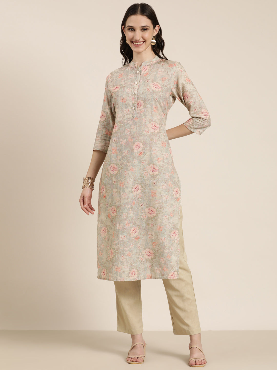 Women Beige Floral Kurta Set