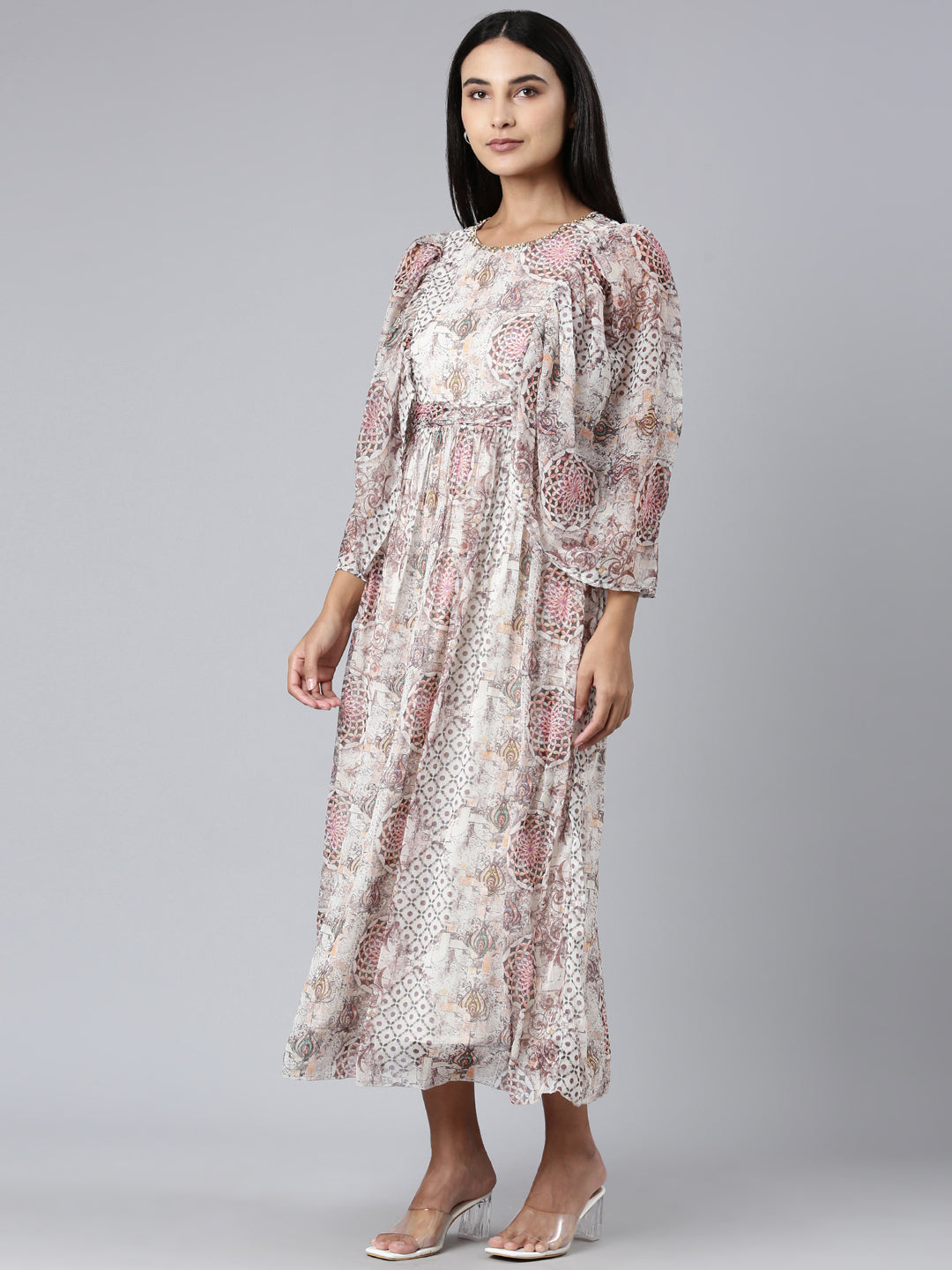 Women Off White Printed Fit and Flare Dress