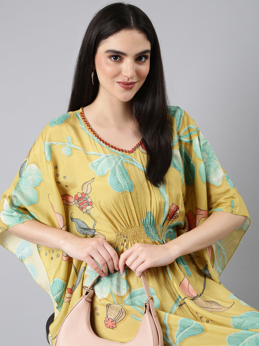 Women Yellow Floral Kaftan Dress