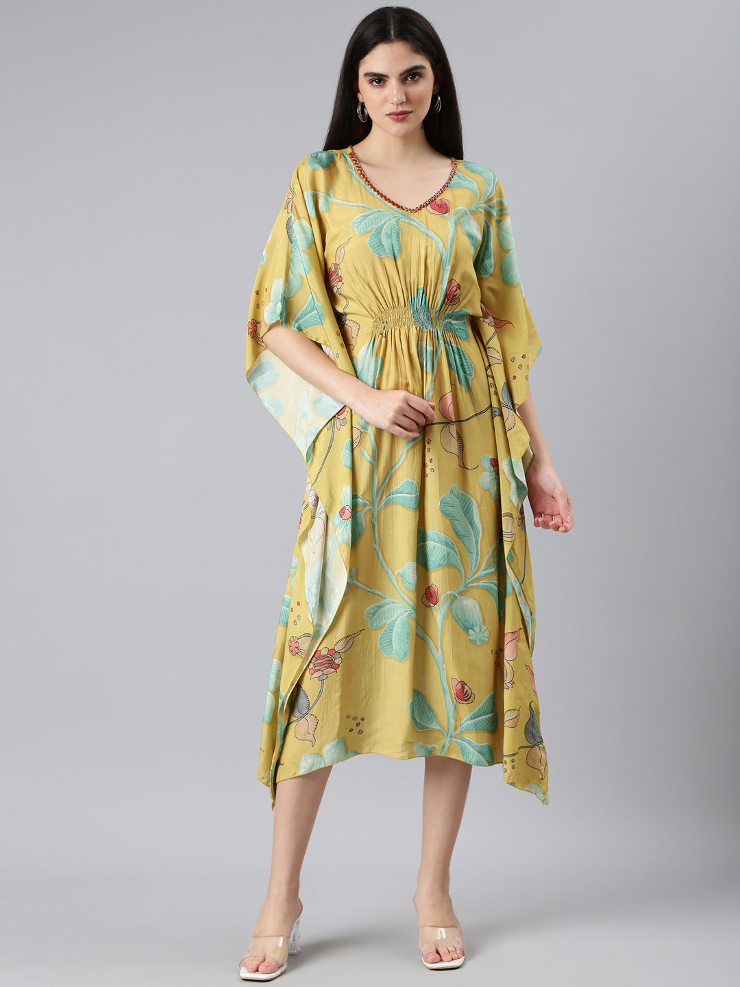 Women Yellow Floral Kaftan Dress
