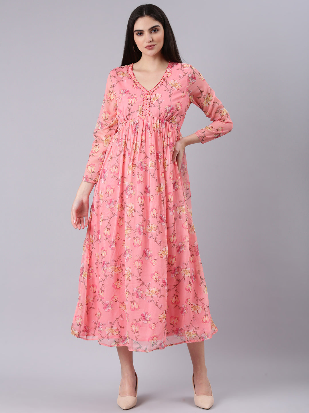Women Peach Floral Empire Dress