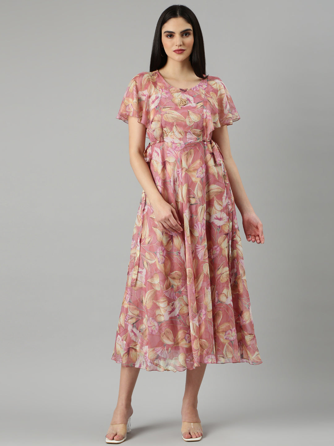 Women Peach Floral Fit and Flare Dress