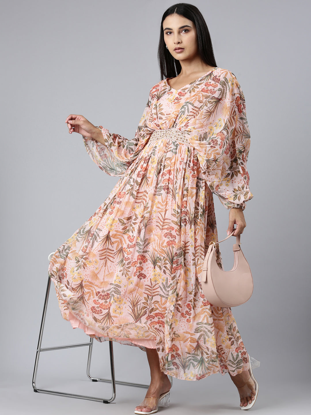 Women Peach Floral Maxi Dress