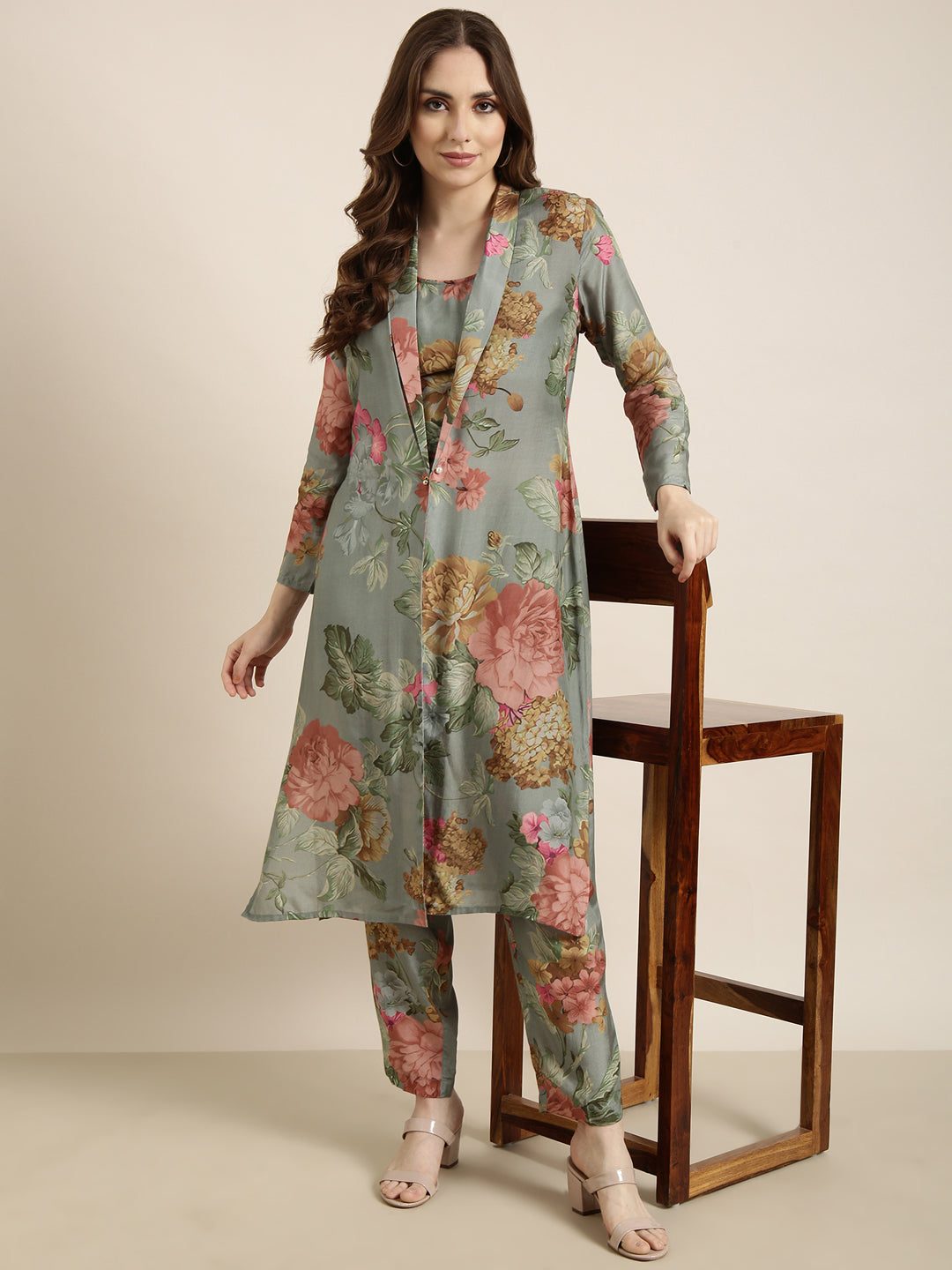 Women Green Printed Top & Trousers Set Comes With Jacket