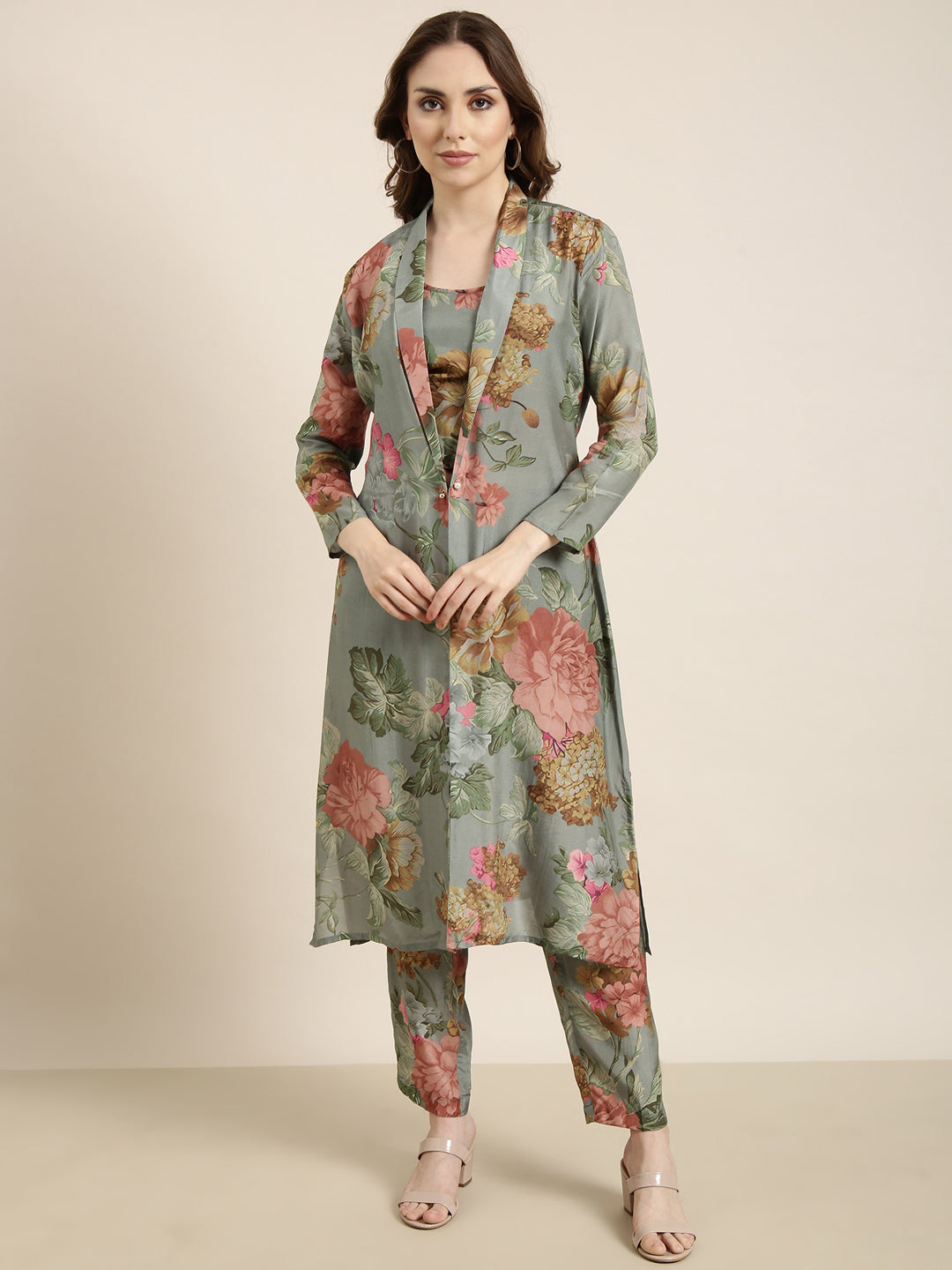 Women Green Printed Top & Trousers Set Comes With Jacket
