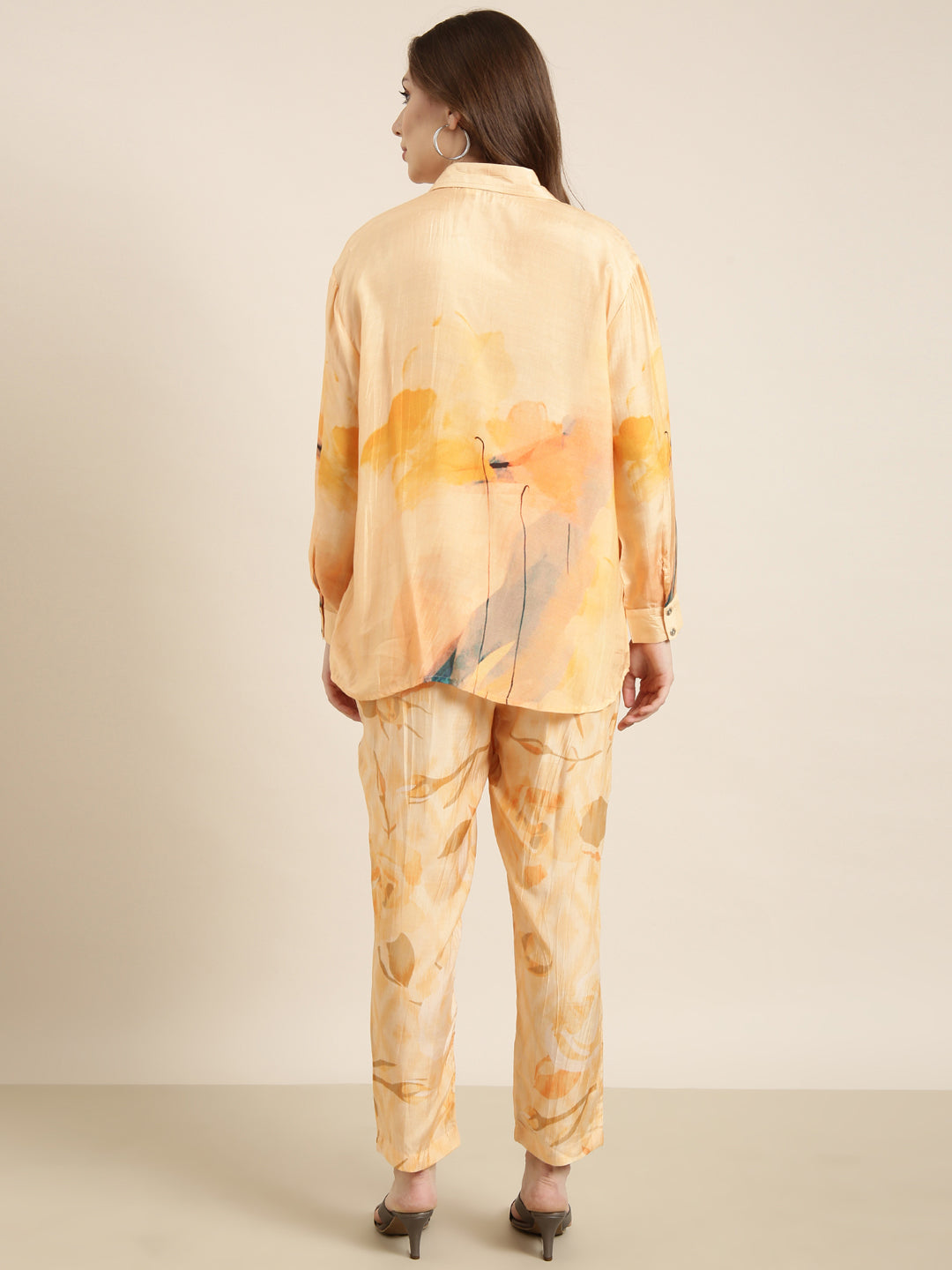 Women Oversized Orange Printed Shirt & Trousers Set