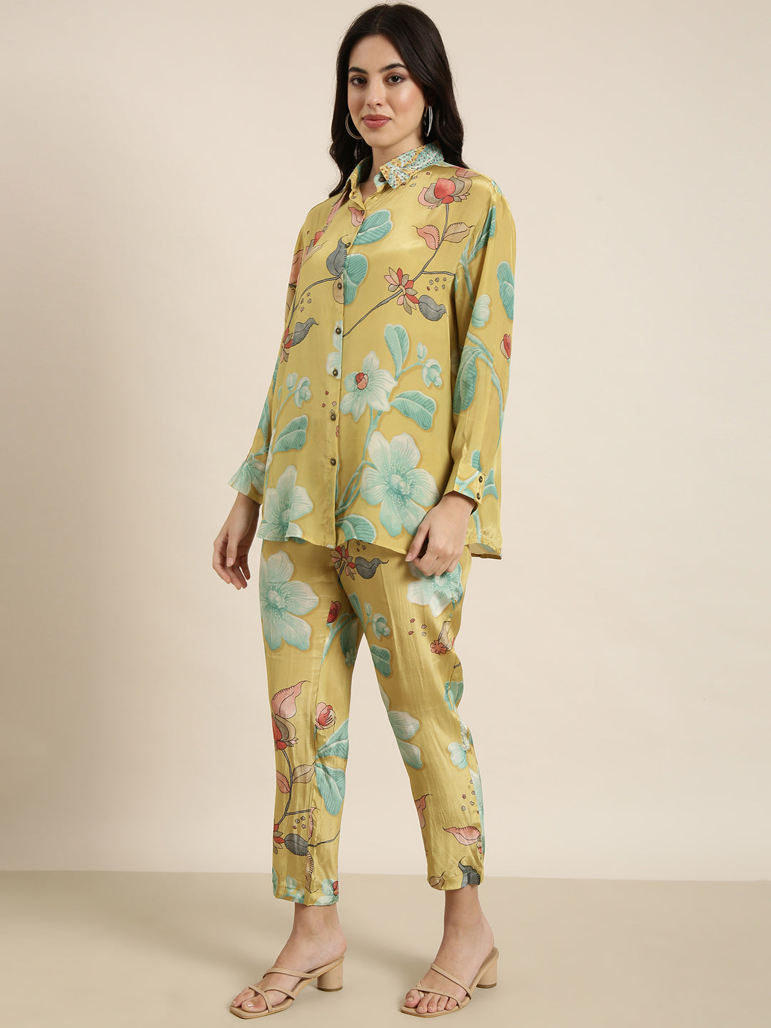 Women Green Printed Shirt & Trousers Set