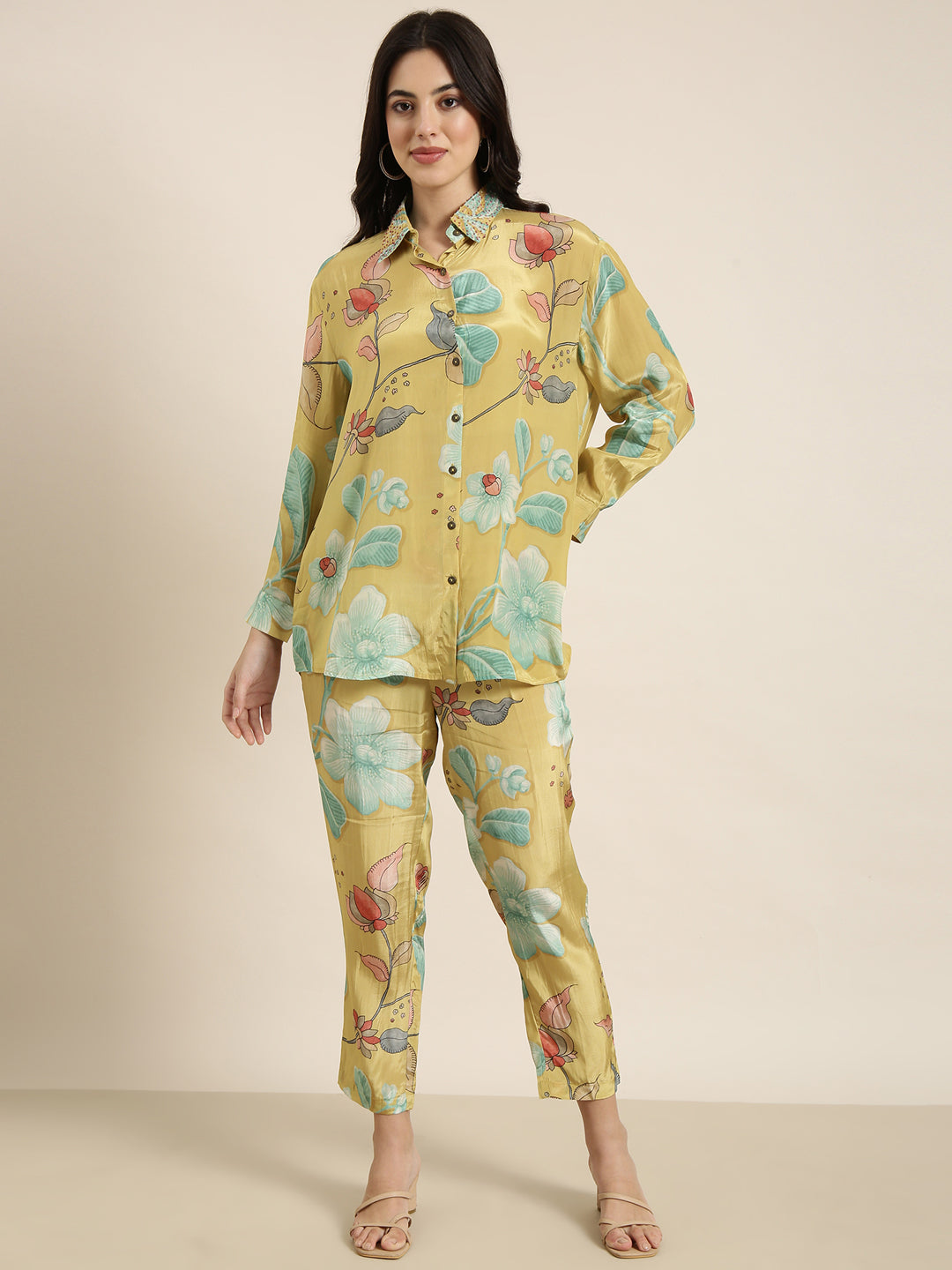 Women Green Printed Shirt & Trousers Set