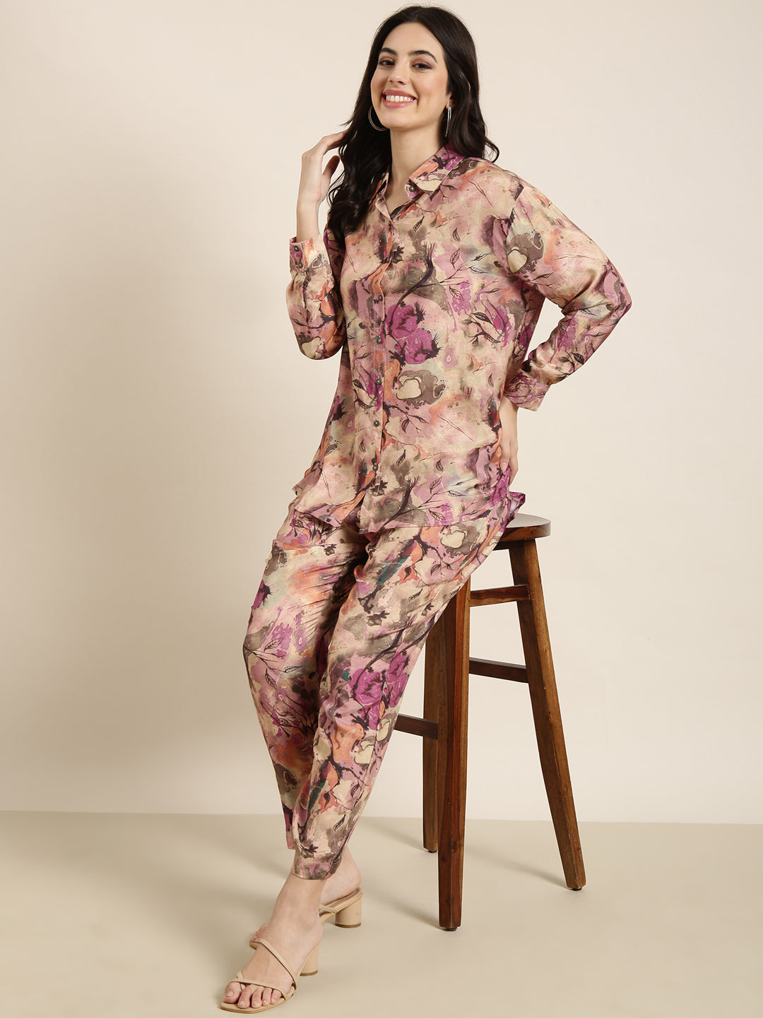 Women Oversized Multicolor Printed Shirt & Trousers Set
