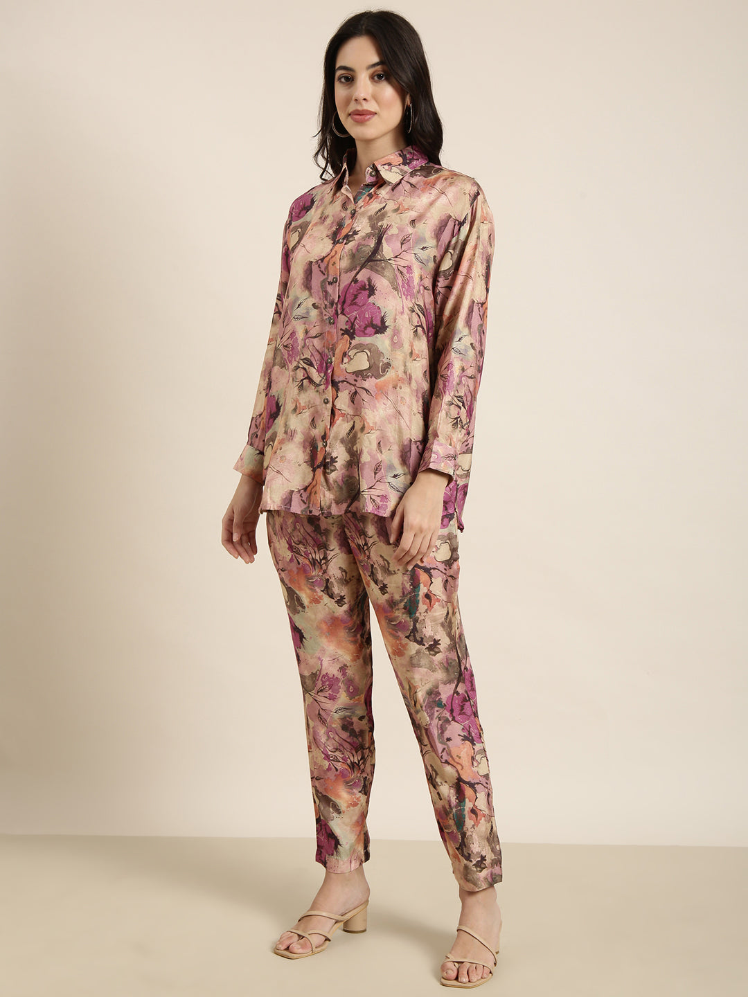 Women Oversized Multicolor Printed Shirt & Trousers Set