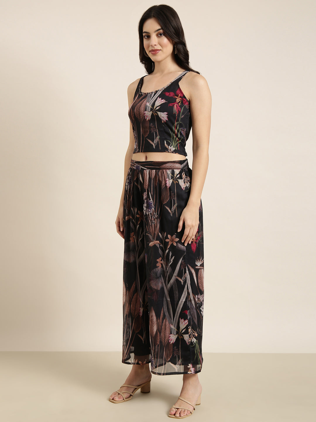 Women Black Printed Top & Palazzos Set Comes With Jacket