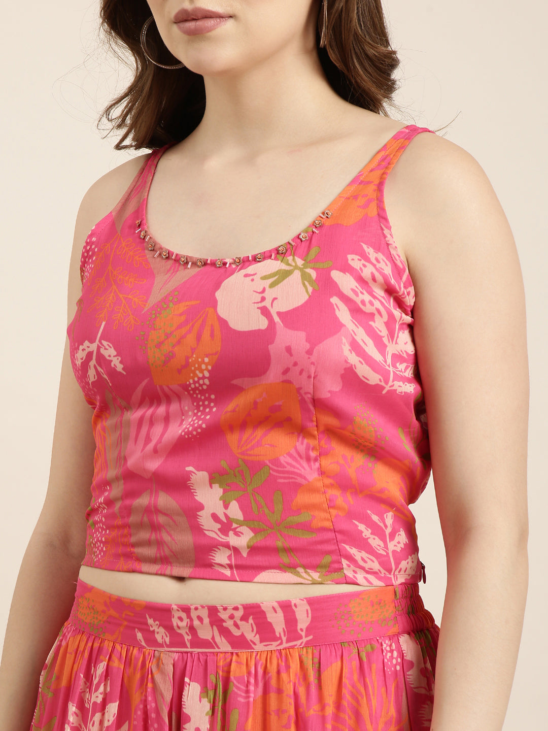 Women Pink Printed Top & Trousers Set Comes With Jacket