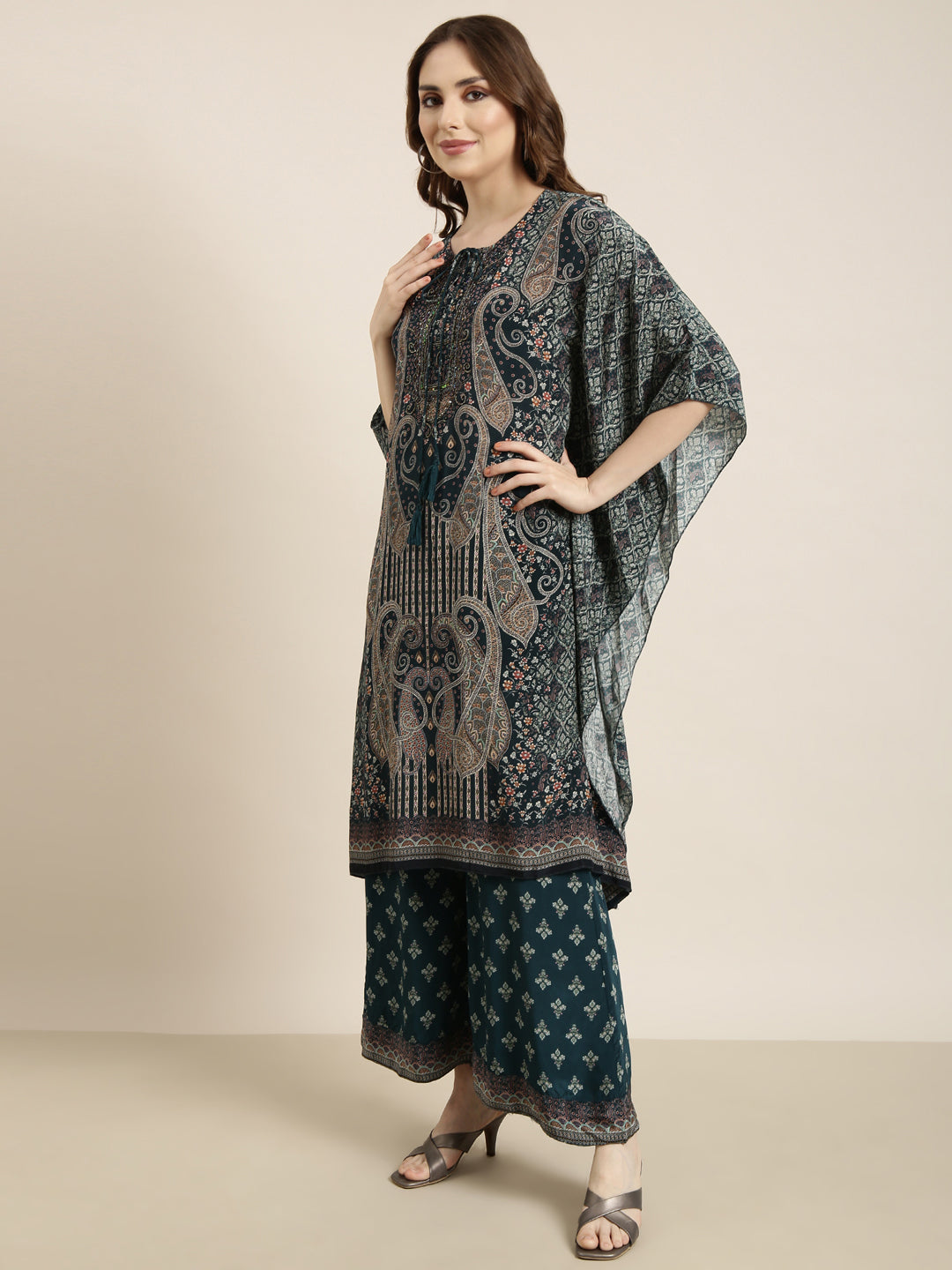 Women Teal Printed Tunic & Trousers Set