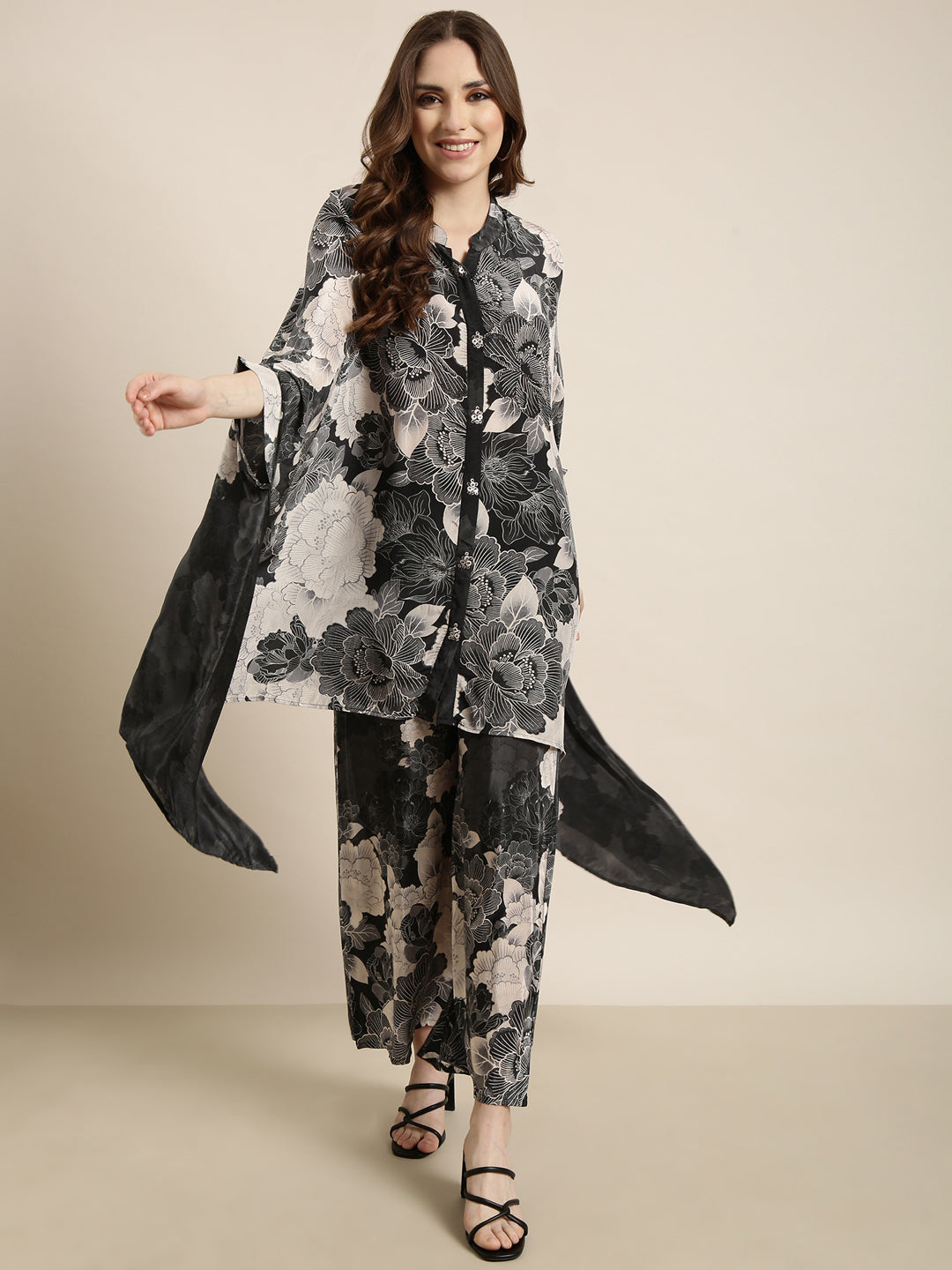 Women Charcoal Printed Top & Trousers Set