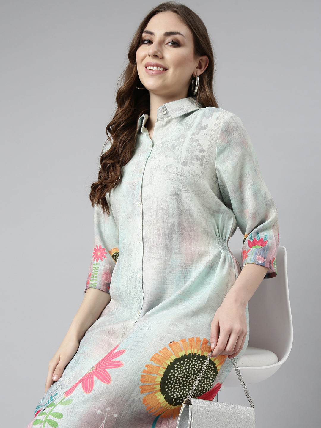 Women Sea Green Floral Shirt Dress