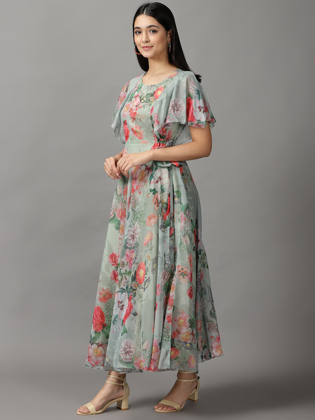 Women's Green Floral Fit and Flare Dress