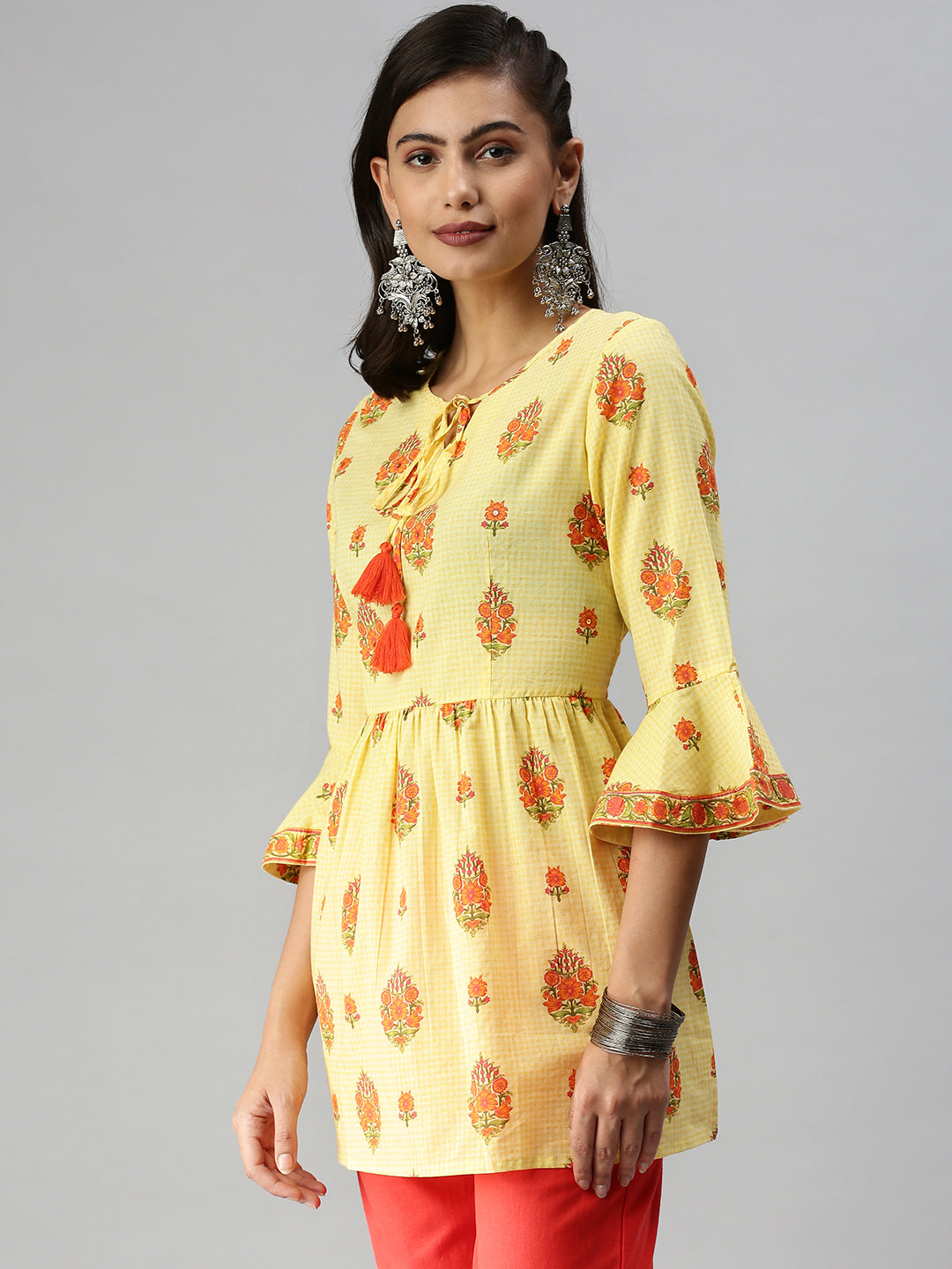 Women's Yellow Printed A-Line Kurti