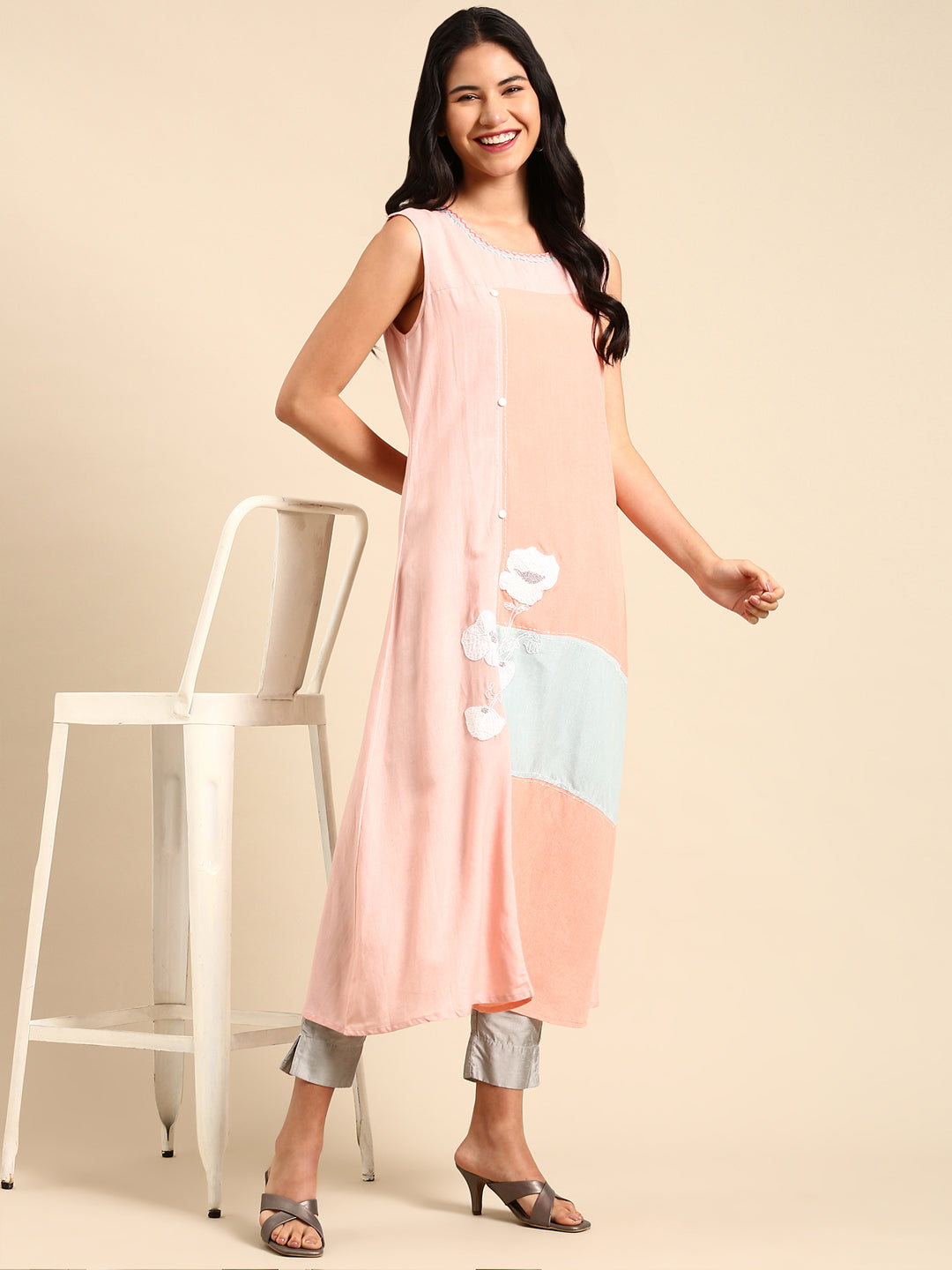 Women's Peach Colourblock Straight Kurta