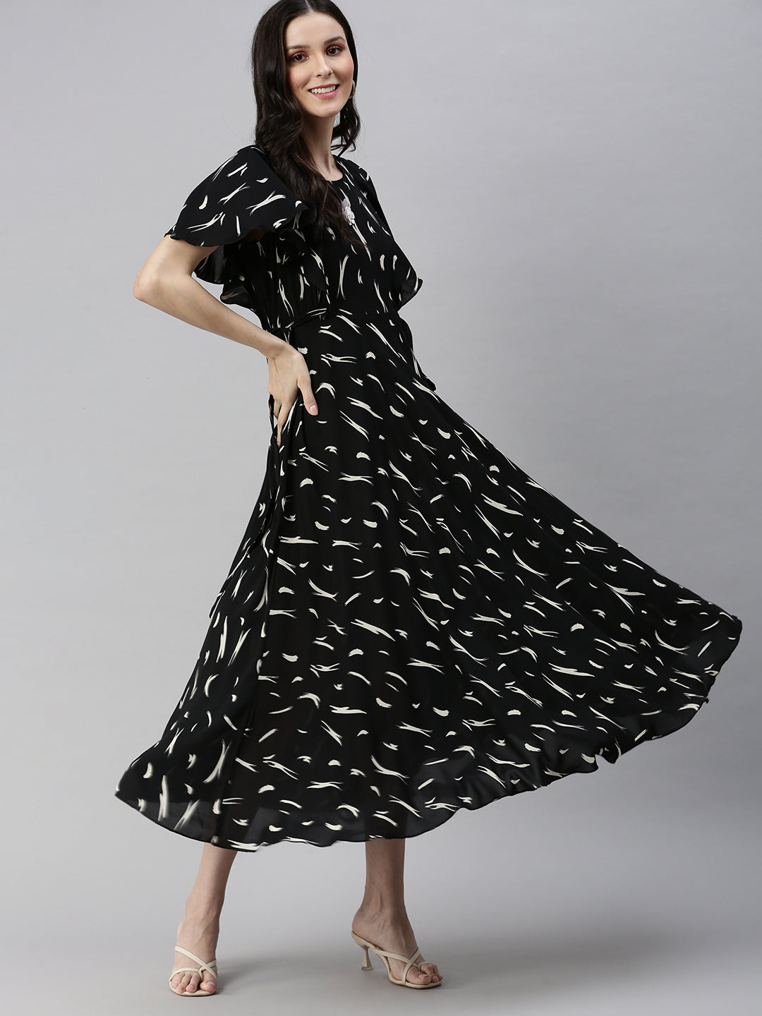 Women Black Printed Fit and Flare Dress