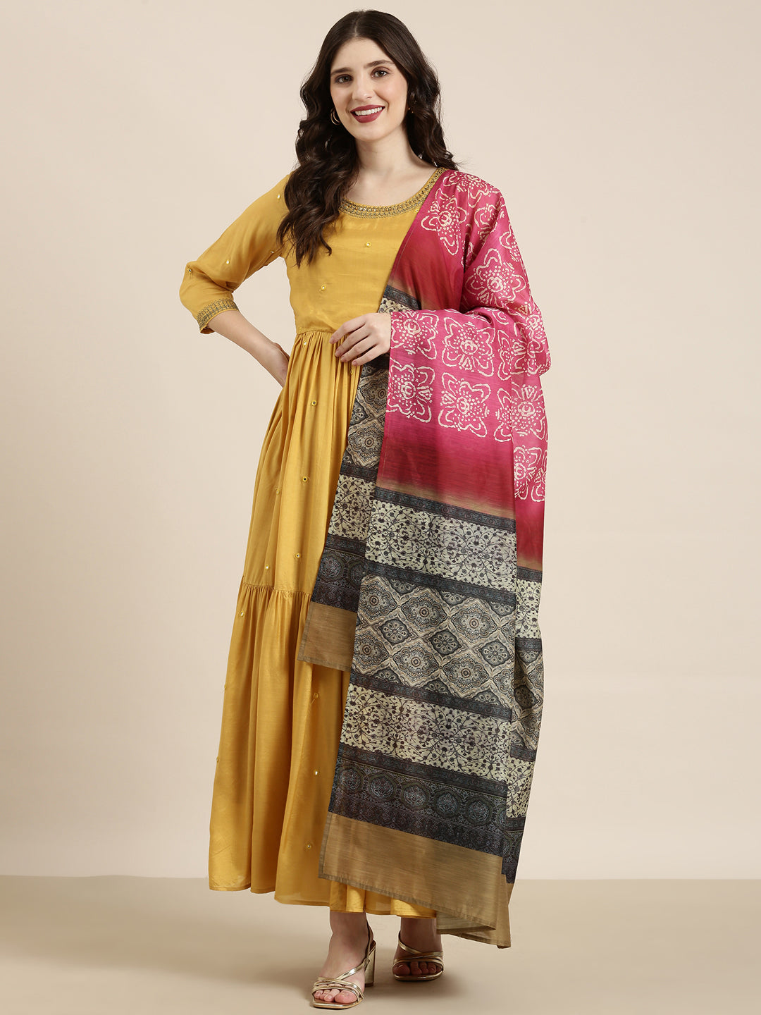 Women Mustard Solid Anarkali Kurta