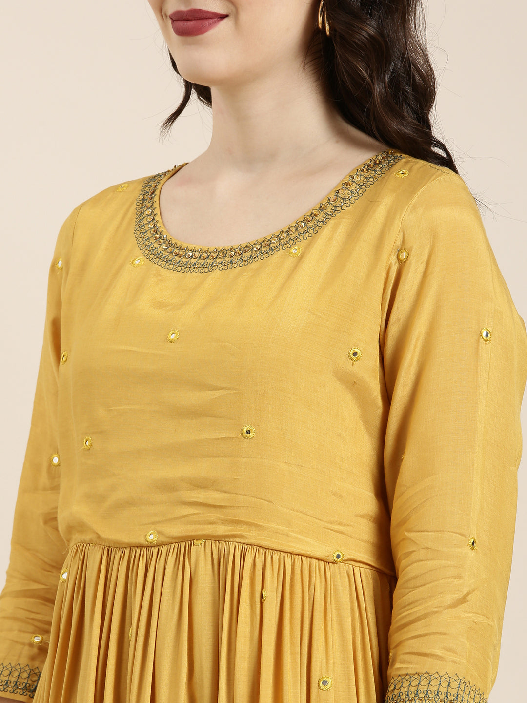 Women Mustard Solid Anarkali Kurta