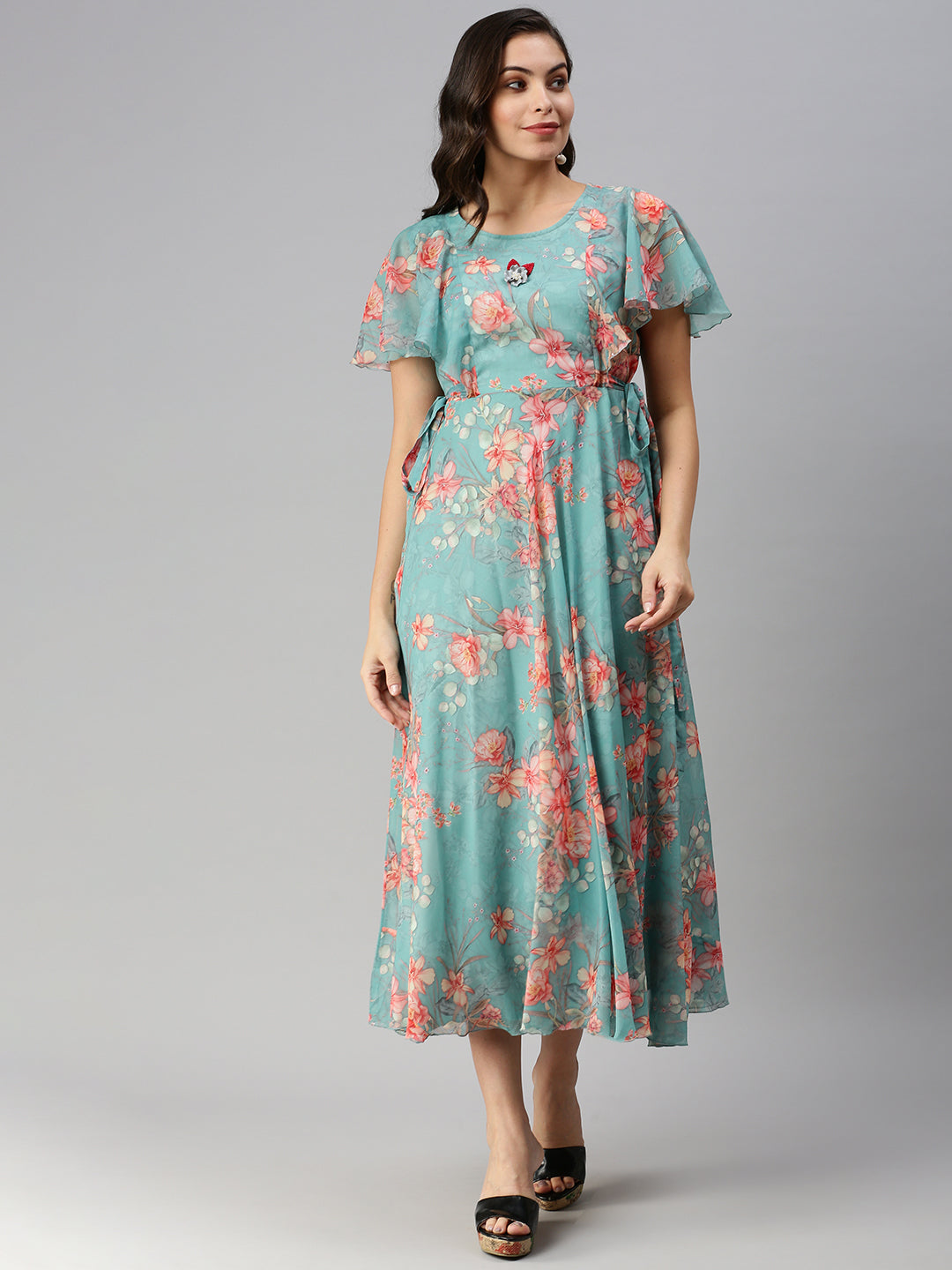 Women's Floral Sea Green Fit and Flare Dress
