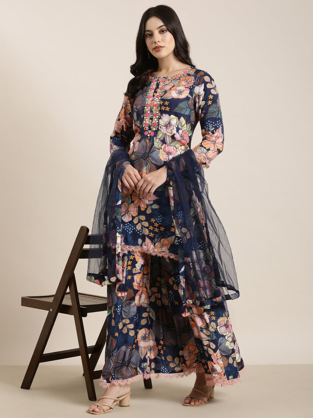 Women Straight Navy Blue Floral Kurti and Trousers Set Comes With Dupatta