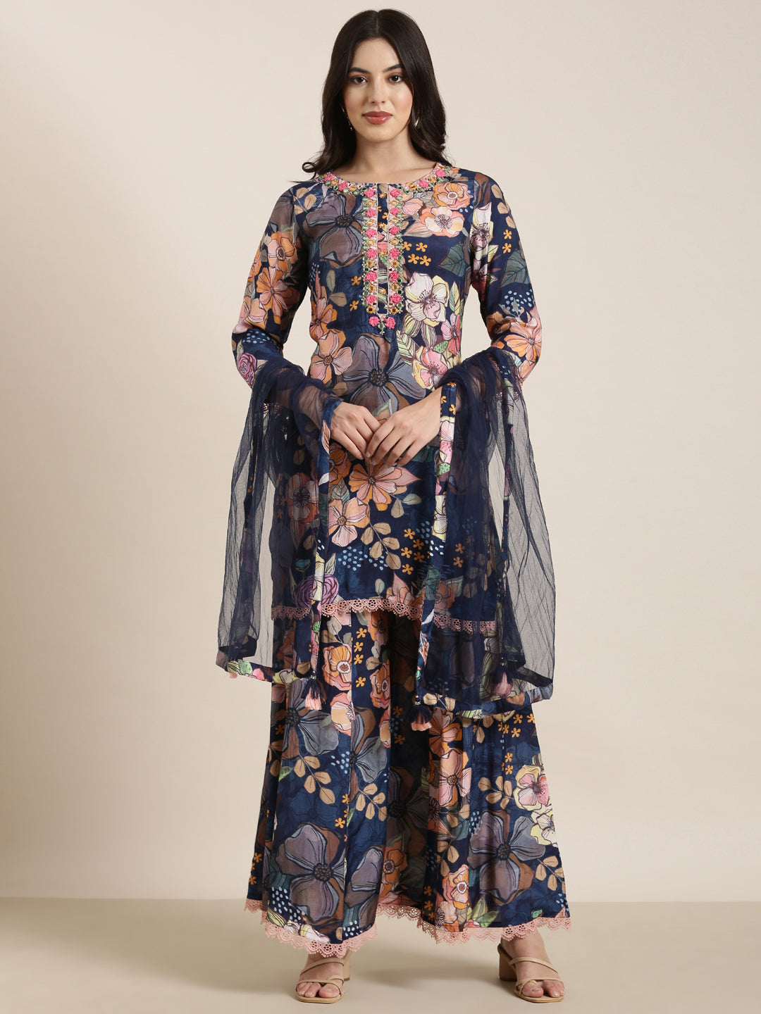 Women Straight Navy Blue Floral Kurti and Trousers Set Comes With Dupatta