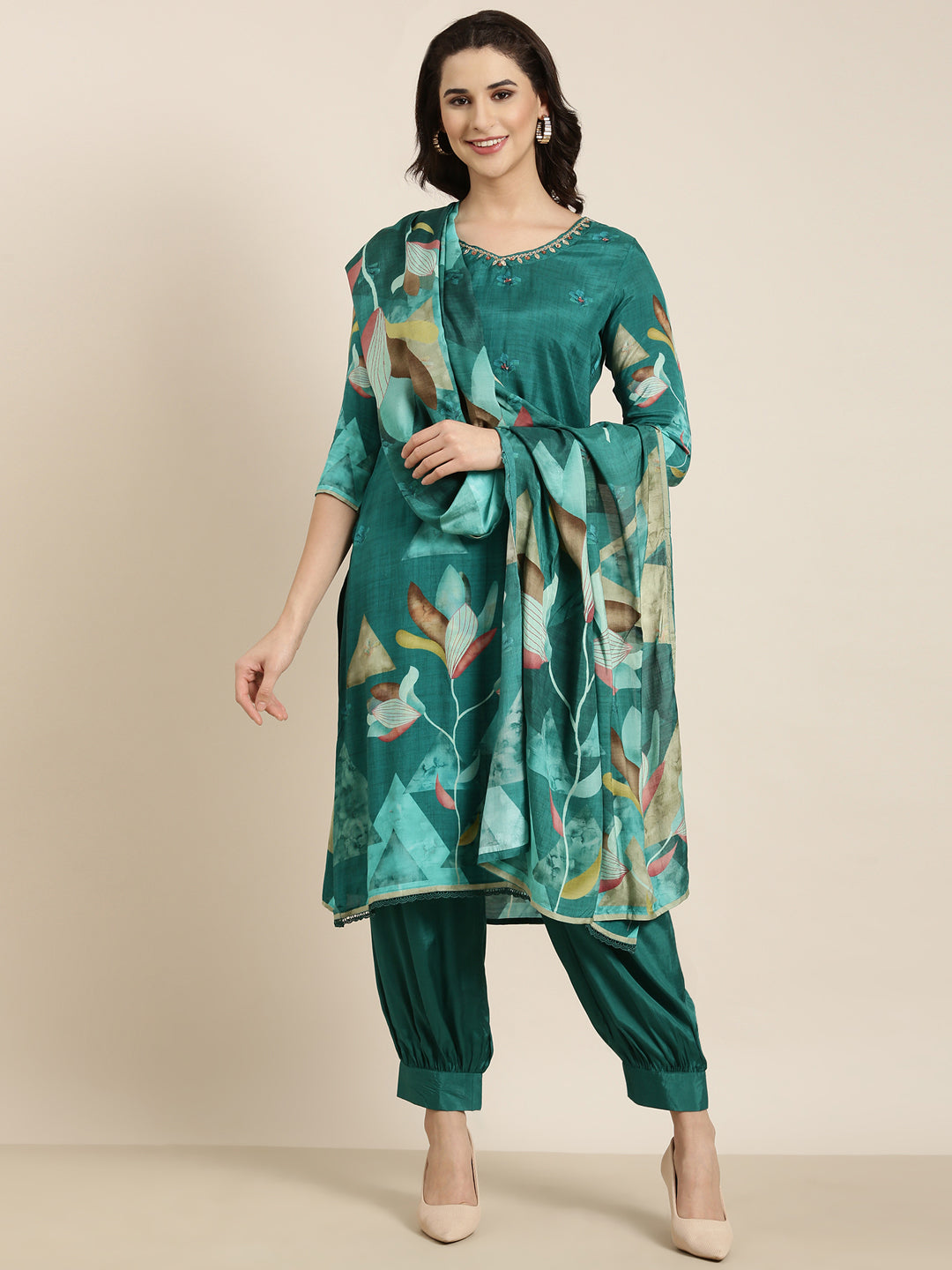 Women Straight Teal Floral Kurta and Patiala Set Comes With Dupatta