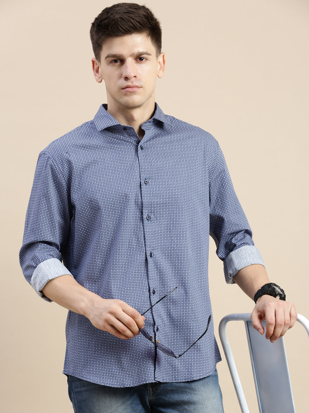 Men Blue Geometrical Casual Shirt