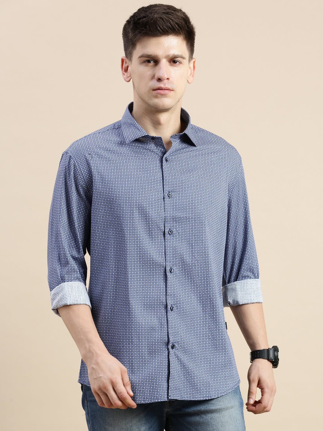 Men Blue Geometrical Casual Shirt