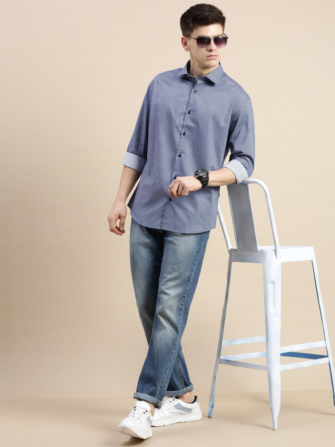 Men Blue Geometrical Casual Shirt