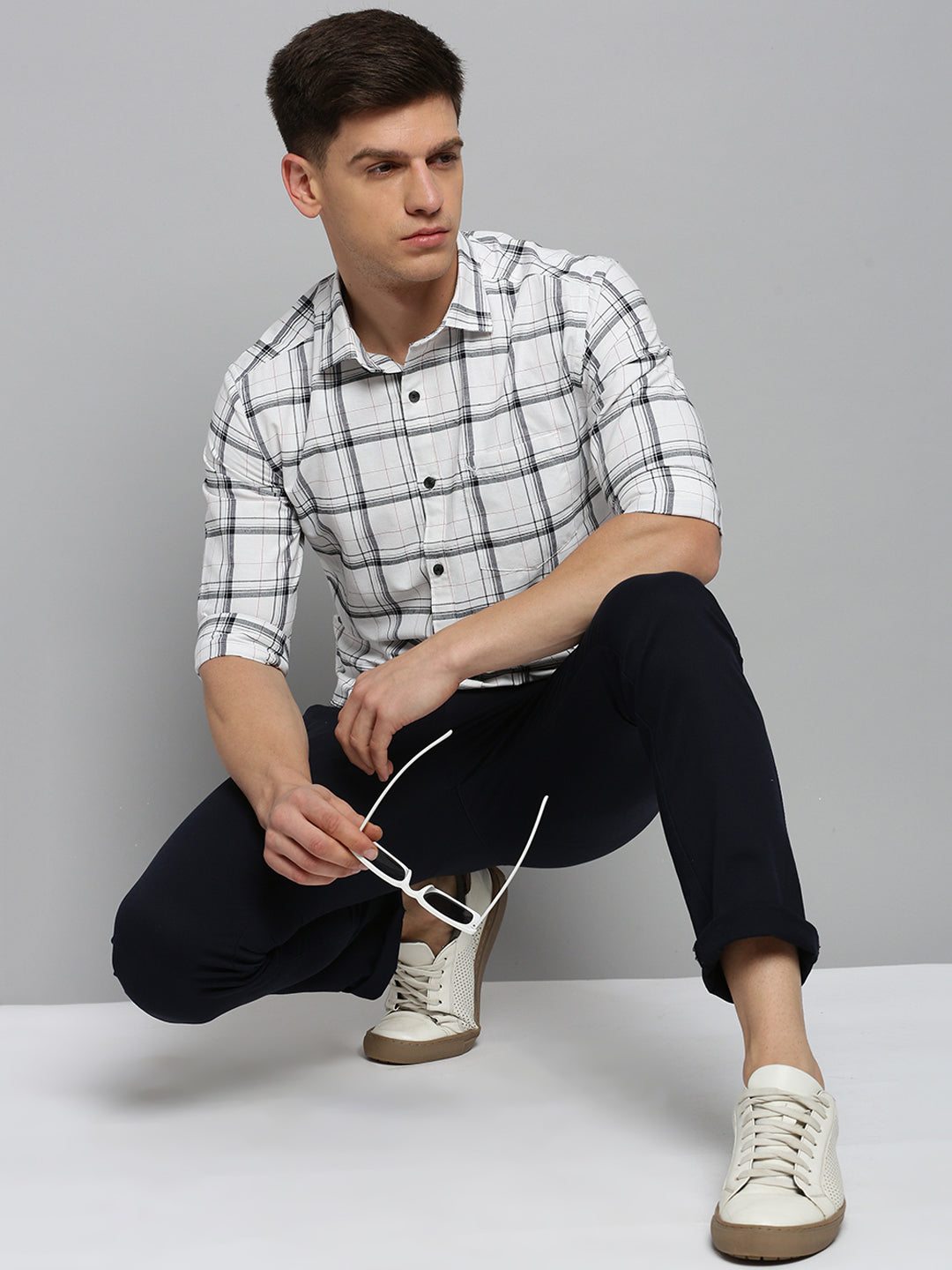 Men White Checked Casual Shirt