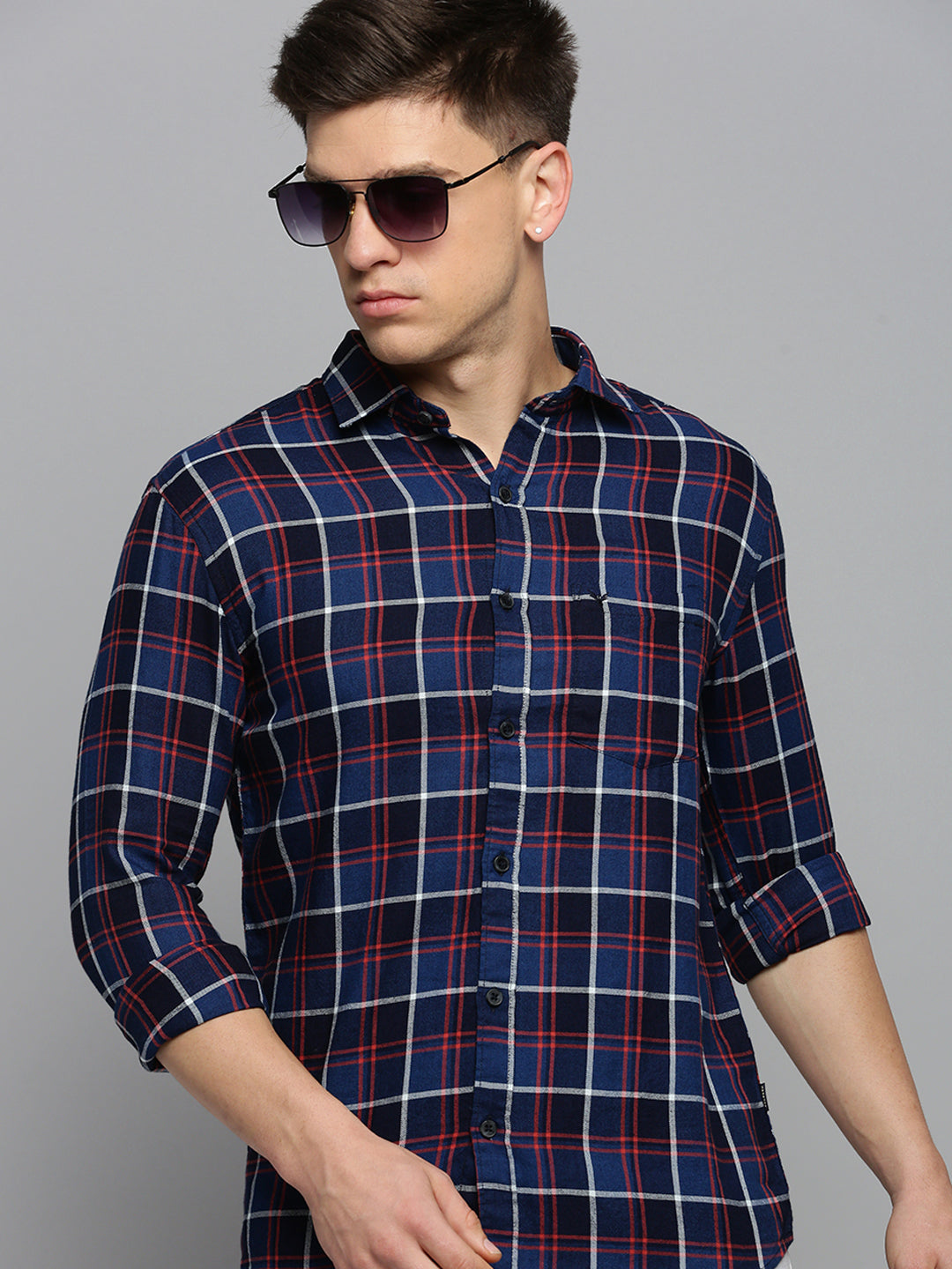 Men Navy Checked Casual Shirt