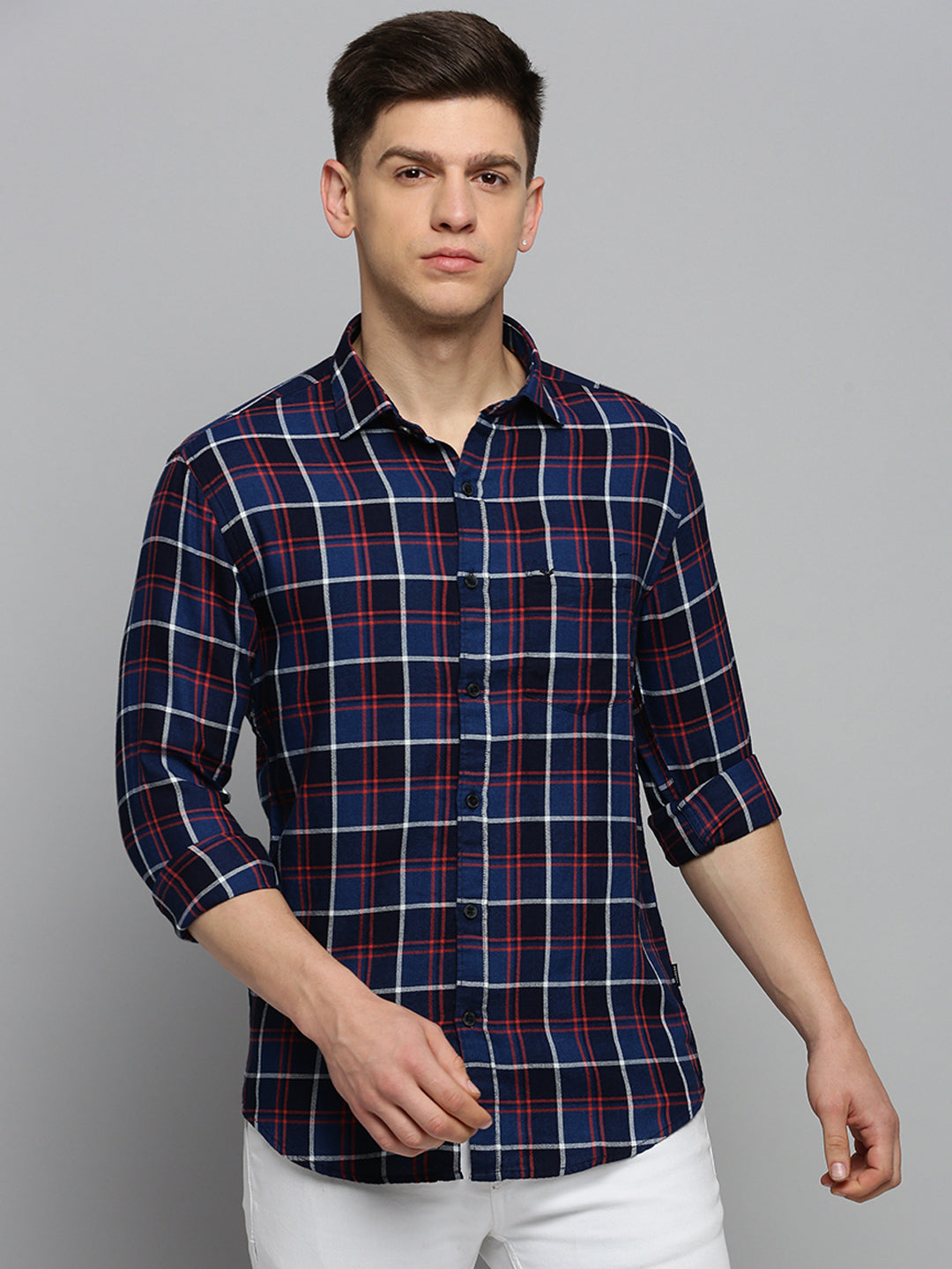 Men Navy Checked Casual Shirt