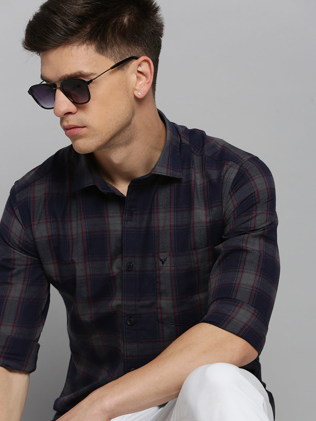 Men Navy Checked Casual Shirt