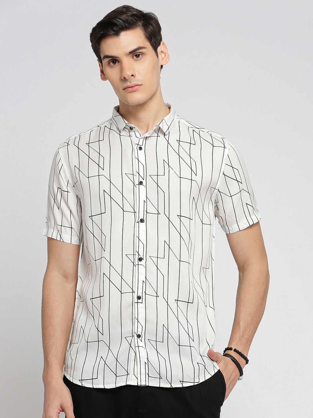 Men White Spread Collar Geometric Shirt