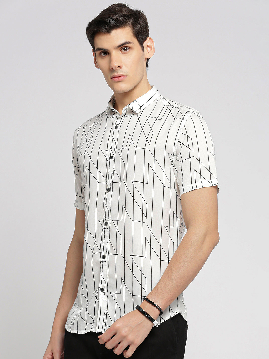 Men White Spread Collar Geometric Shirt