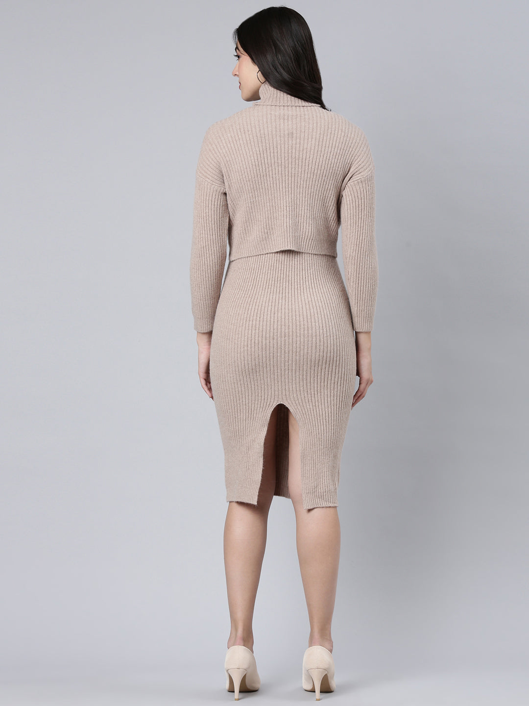 Women Self Design Beige Bodycon Dress Comes with Top