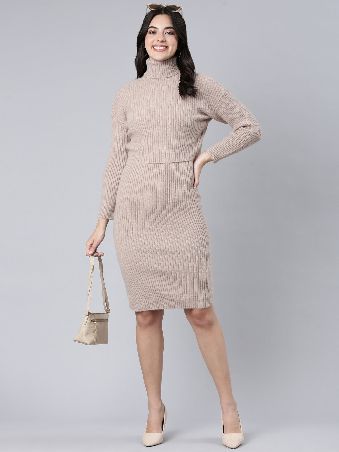 Women Self Design Beige Bodycon Dress Comes with Top