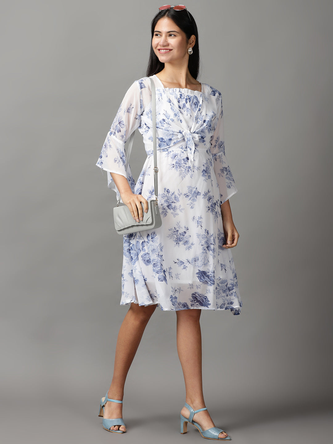 Women's White Floral Fit and Flare Dress